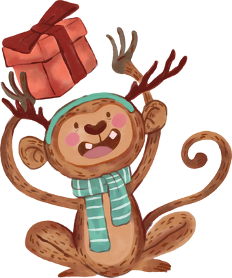 Watercolor Christmas Monkey with Gift